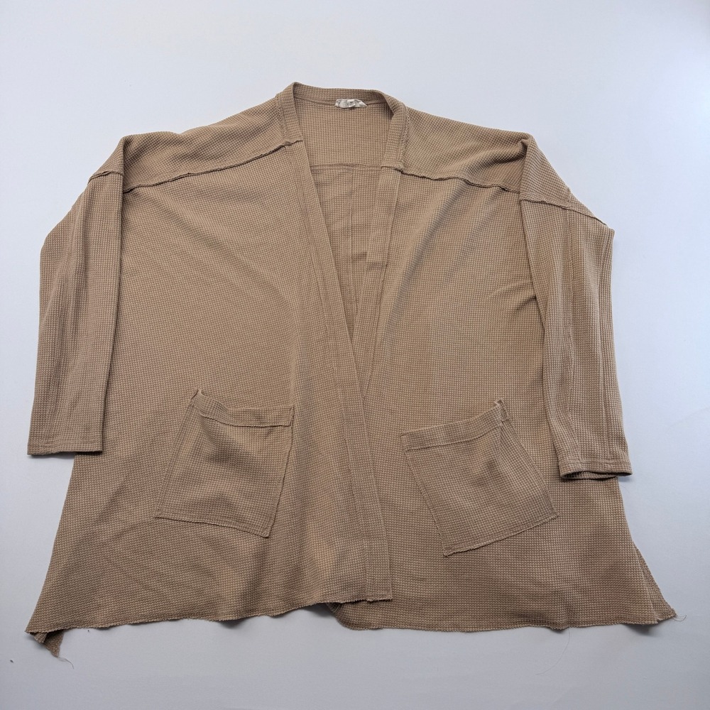 KyeMi Tan Waffle Knit Cardigan Womens Medium Open Front Pocket Thermal Sweater